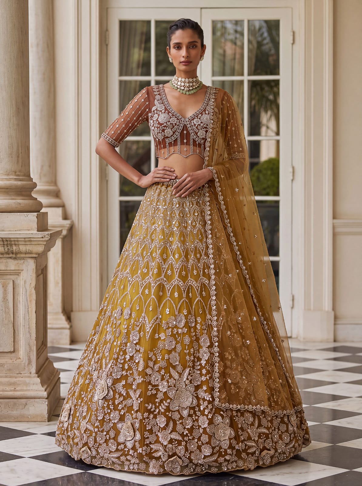 Gold Pure Heavy Net Motif Handwork Zari Sequins Work Bridal Lehenga Choli