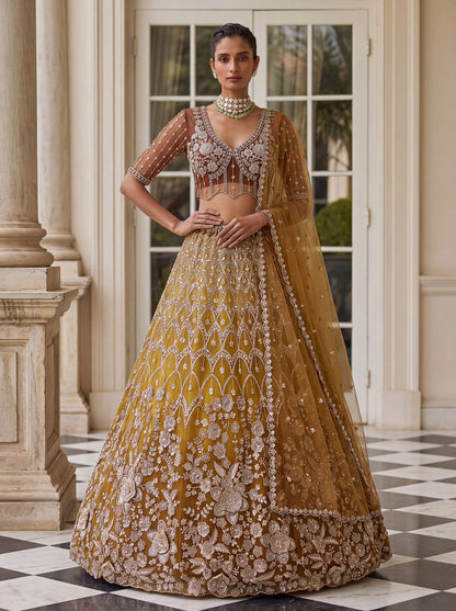 Gold Pure Heavy Net Motif Handwork Zari Sequins Work Bridal Lehenga Choli