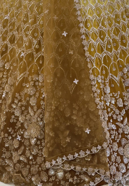 Gold Pure Heavy Net Motif Handwork Zari Sequins Work Bridal Lehenga Choli