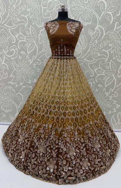 Gold Pure Heavy Net Motif Handwork Zari Sequins Work Bridal Lehenga Choli