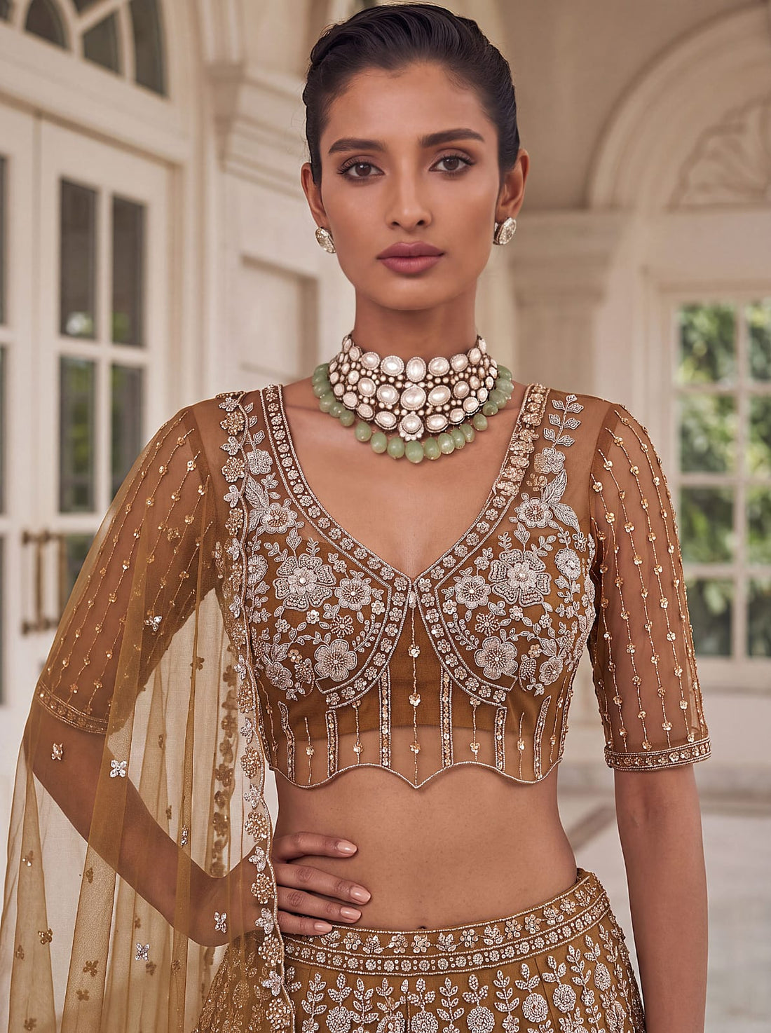 Gold Pure Heavy Net Motif Handwork Zari Sequins Work Bridal Lehenga Choli