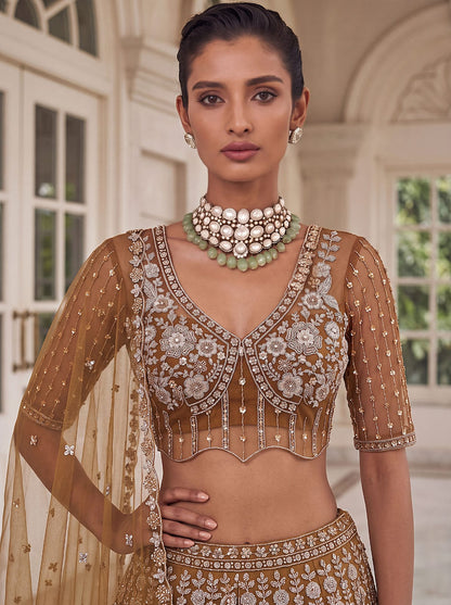 Gold Pure Heavy Net Motif Handwork Zari Sequins Work Bridal Lehenga Choli