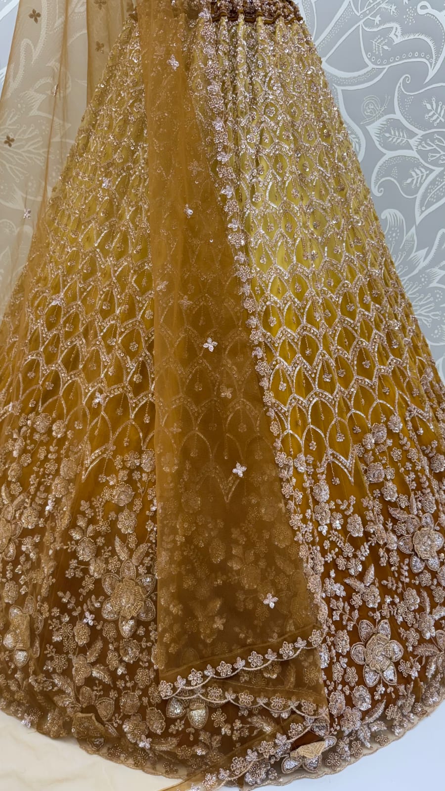 Gold Pure Heavy Net Motif Handwork Zari Sequins Work Bridal Lehenga Choli