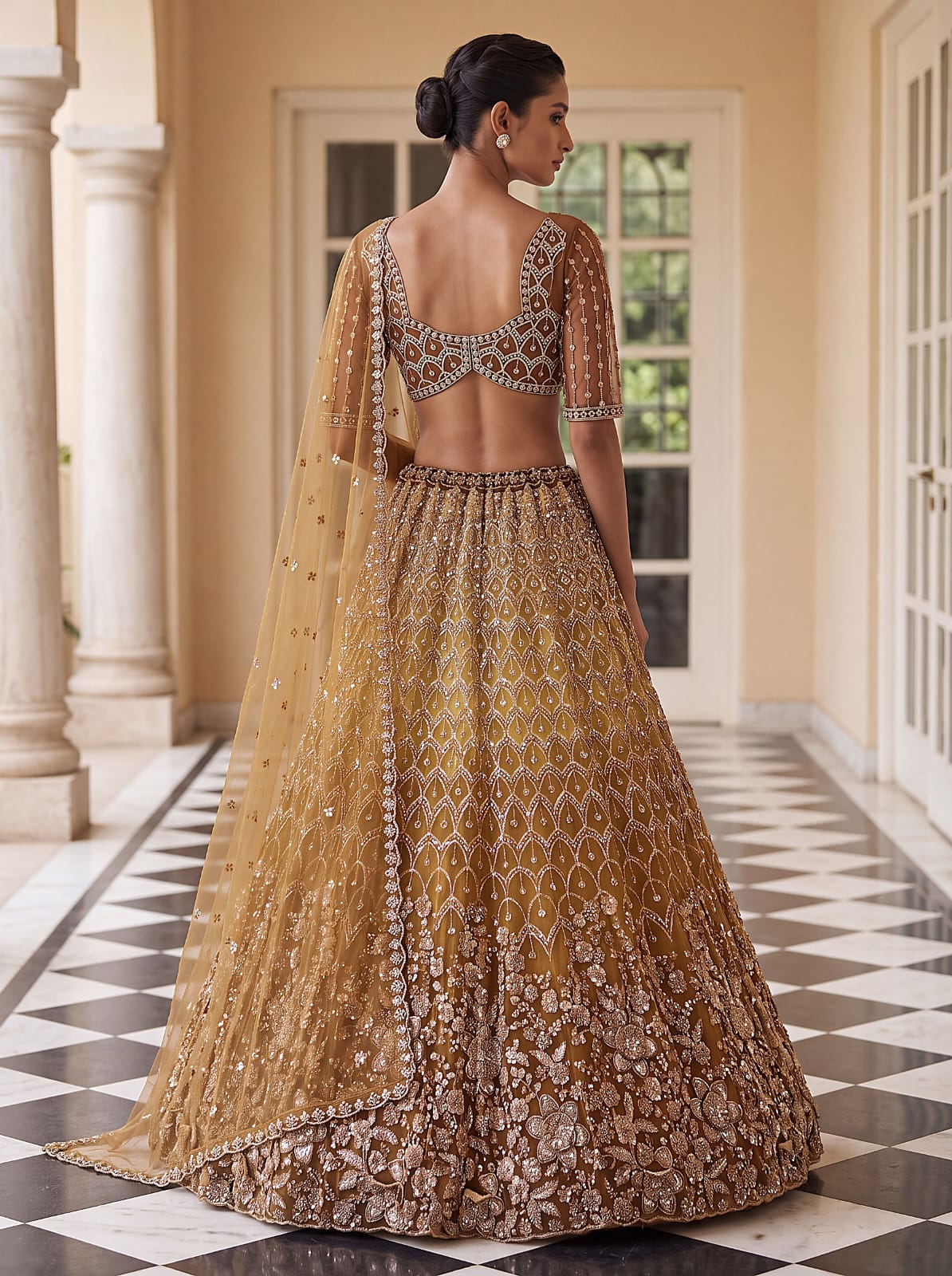 Gold Pure Heavy Net Motif Handwork Zari Sequins Work Bridal Lehenga Choli