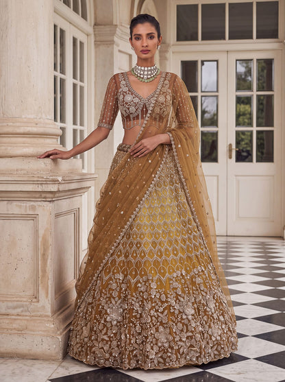 Gold Pure Heavy Net Motif Handwork Zari Sequins Work Bridal Lehenga Choli