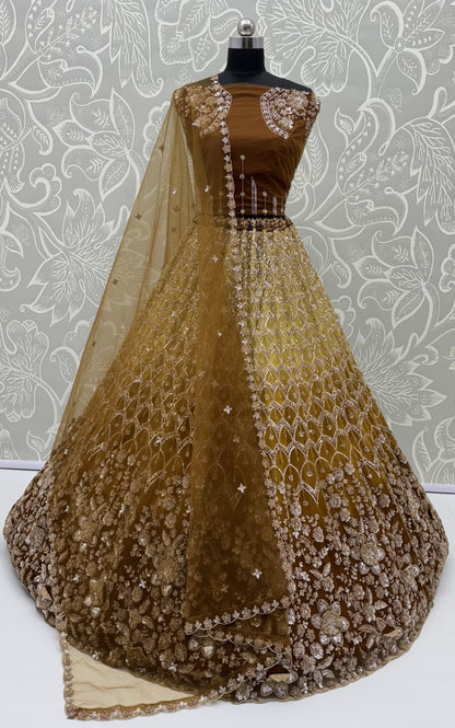 Gold Pure Heavy Net Motif Handwork Zari Sequins Work Bridal Lehenga Choli