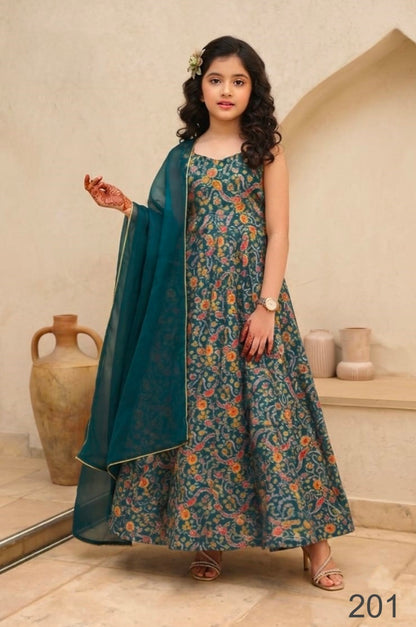 Teal Pure Soft Silk Heavy Digital Printed Kid&