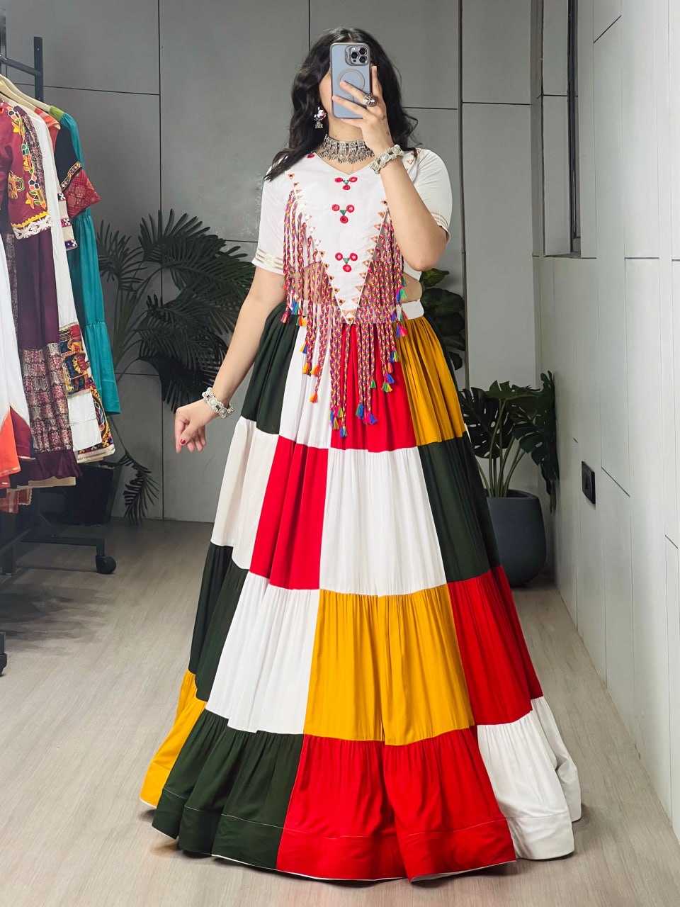 Multi Pure Pure Rayon Cotton Multi Coloured Frill Box Navratri Lehenga Choli