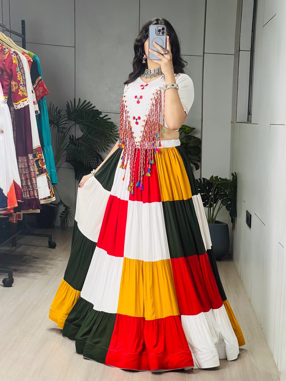 Multi Pure Pure Rayon Cotton Multi Coloured Frill Box Navratri Lehenga Choli