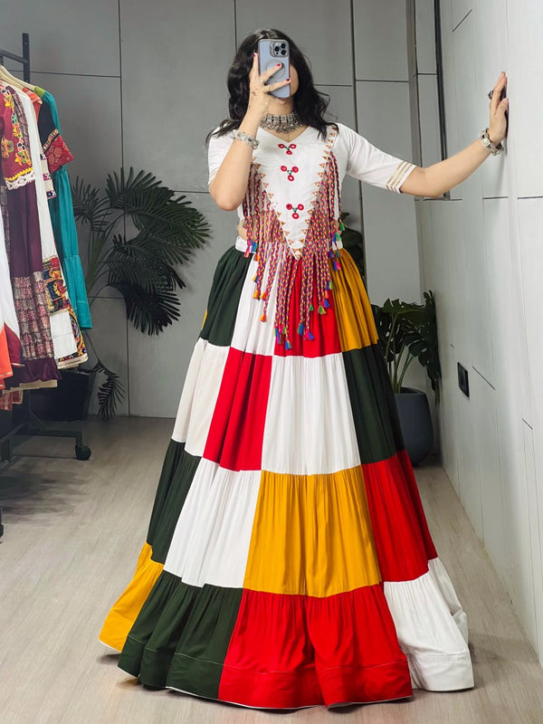 Multi Pure Pure Rayon Cotton Multi Coloured Frill Box Navratri Lehenga Choli