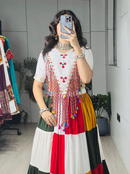 Multi Pure Pure Rayon Cotton Multi Coloured Frill Box Navratri Lehenga Choli