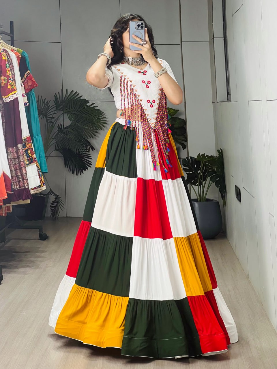 Multi Pure Pure Rayon Cotton Multi Coloured Frill Box Navratri Lehenga Choli
