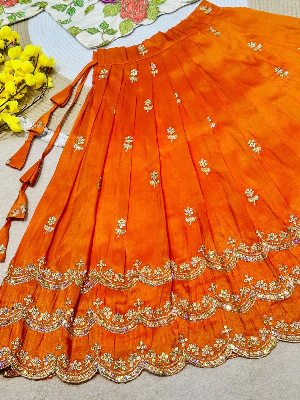 Orange Pure Viscose Tissue Rainbow Work Embroidery Kid&
