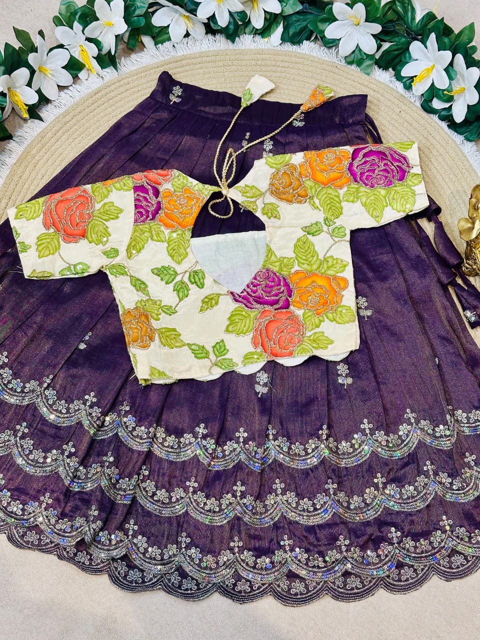 Purple Pure Viscose Tissue Rainbow Work Embroidery Kid&