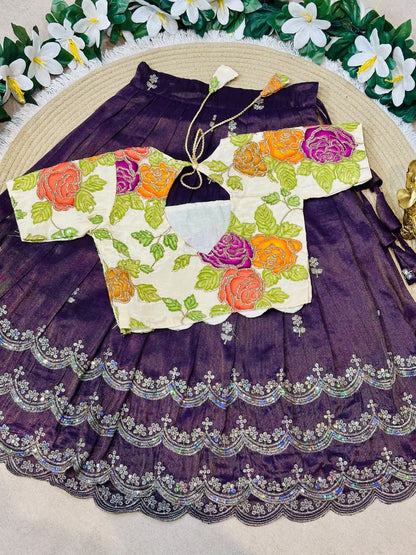 Purple Pure Viscose Tissue Rainbow Work Embroidery Kid&