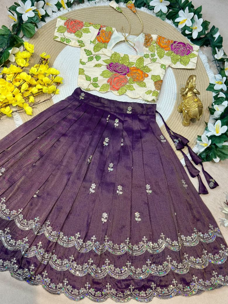 Purple Pure Viscose Tissue Rainbow Work Embroidery Kid&