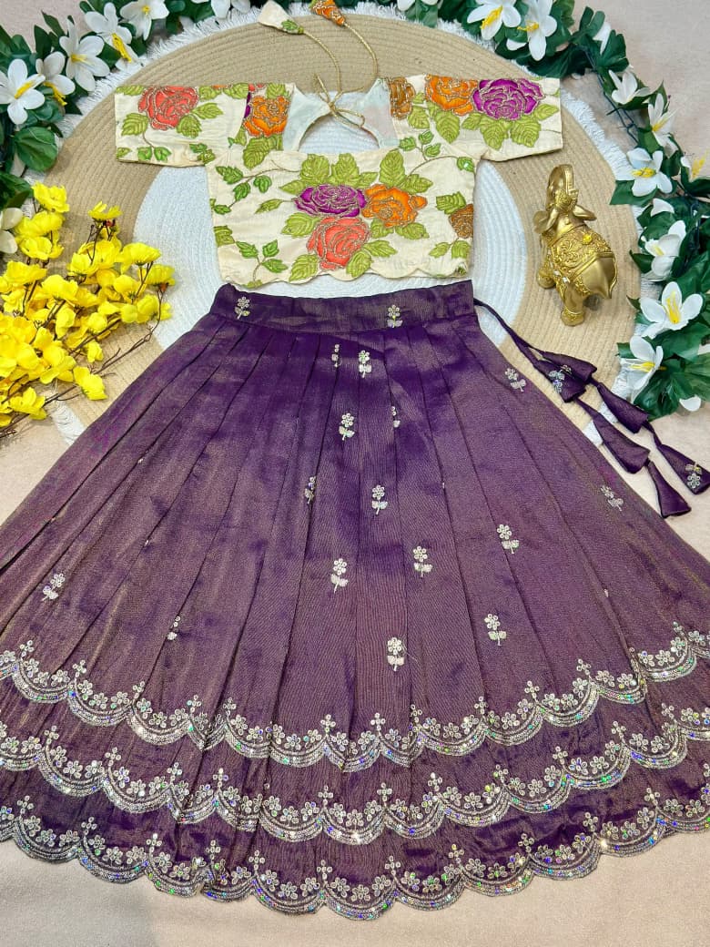 Purple Pure Viscose Tissue Rainbow Work Embroidery Kid&