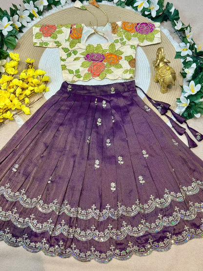 Purple Pure Viscose Tissue Rainbow Work Embroidery Kid&