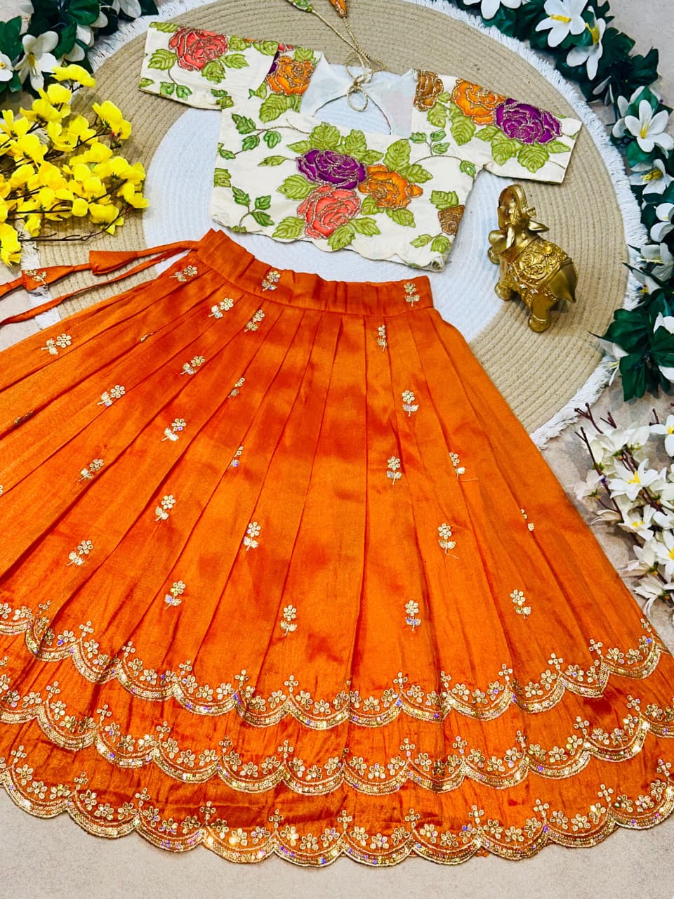 Orange Pure Viscose Tissue Rainbow Work Embroidery Kid&
