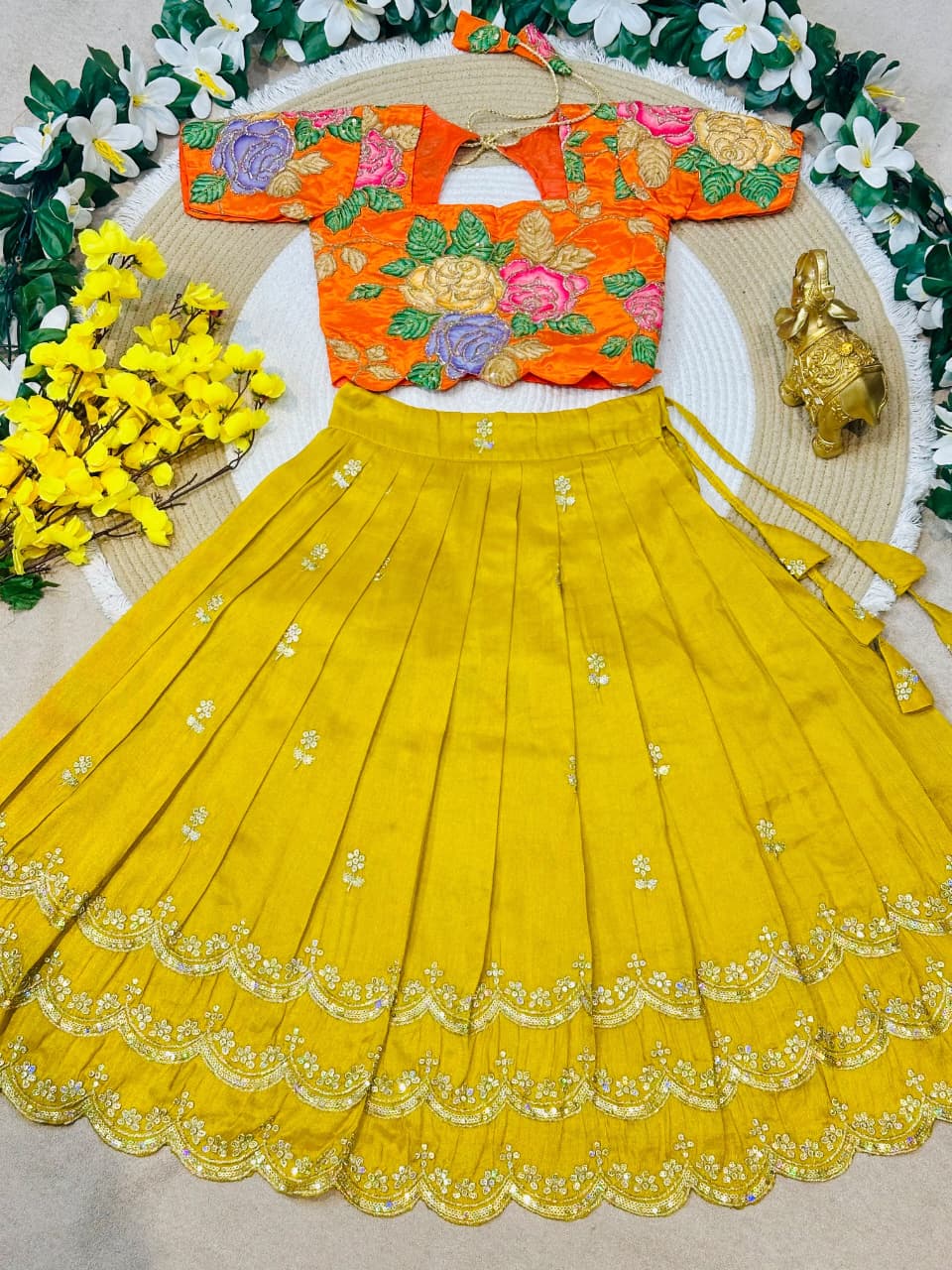 Yellow Pure Viscose Tissue Rainbow Work Embroidery Kid&