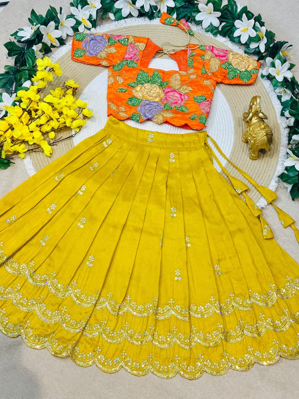 Yellow Pure Viscose Tissue Rainbow Work Embroidery Kid&