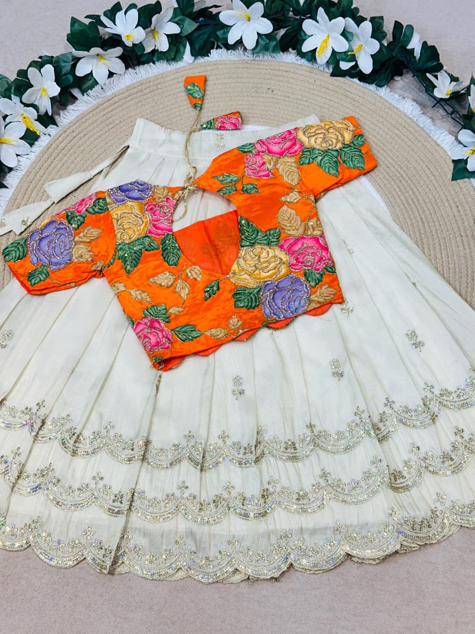 White Pure Viscose Tissue Rainbow Work Embroidery Kid&