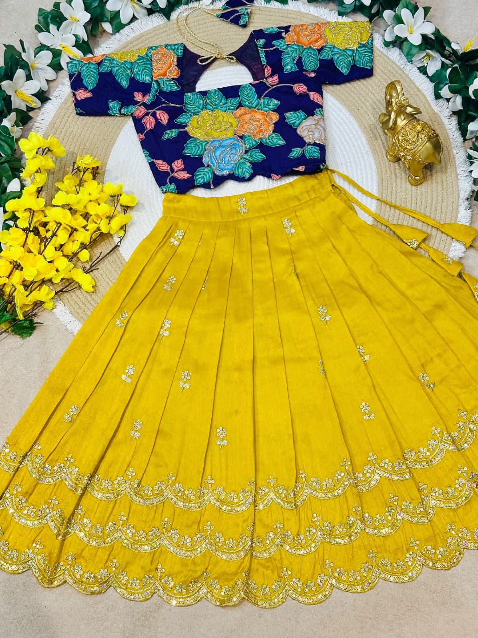 Yellow Pure Viscose Tissue Rainbow Work Embroidery Kid&
