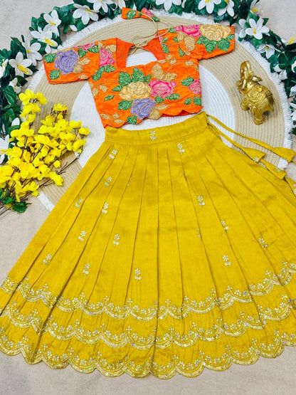 Yellow Pure Viscose Tissue Rainbow Work Embroidery Kid&
