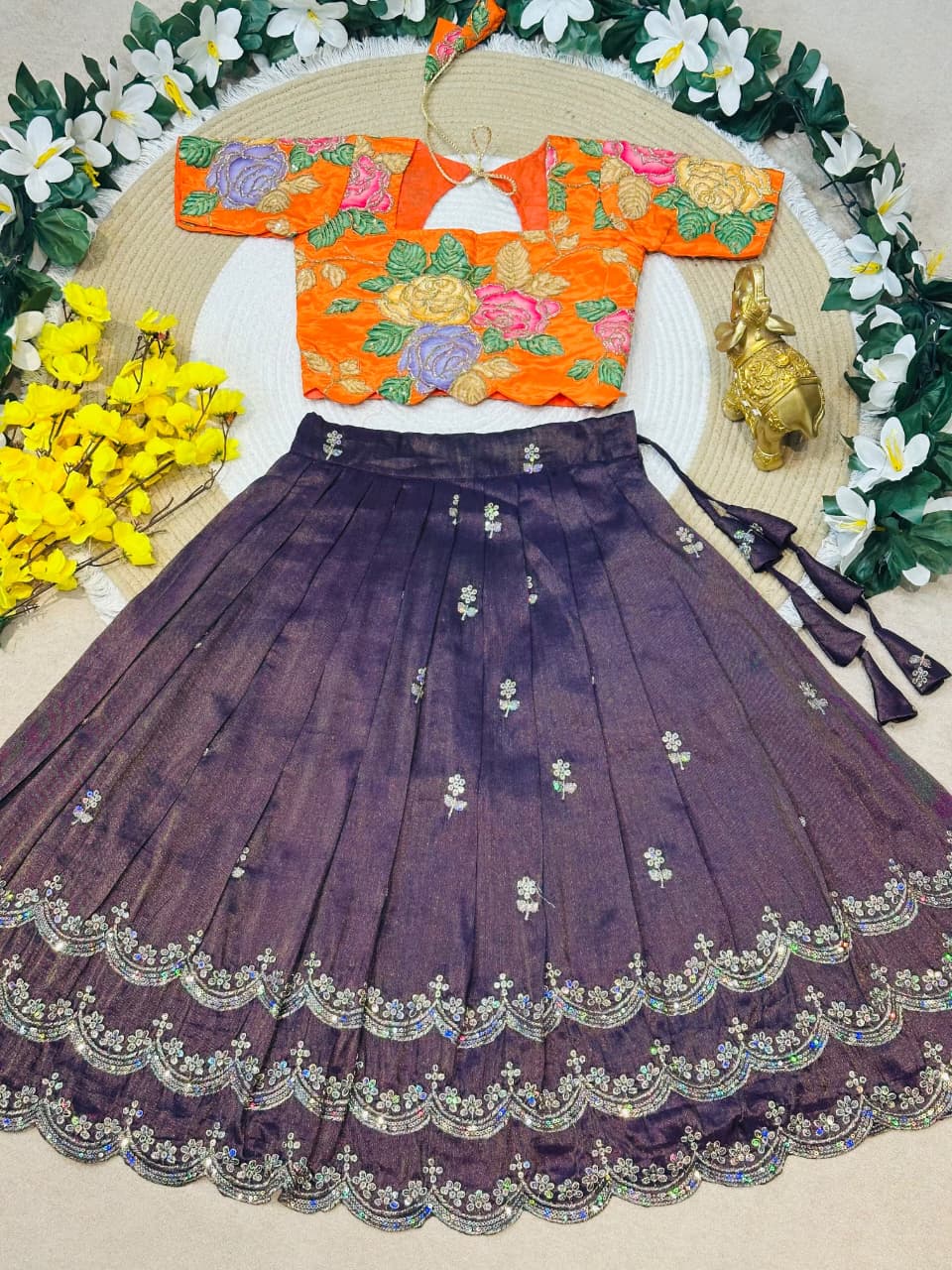 Purple Pure Viscose Tissue Rainbow Work Embroidery Kid&