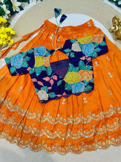 Orange Pure Viscose Tissue Rainbow Work Embroidery Kid&