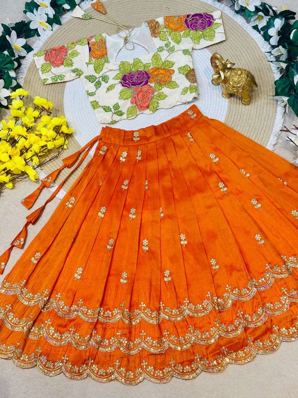 Orange Pure Viscose Tissue Rainbow Work Embroidery Kid&