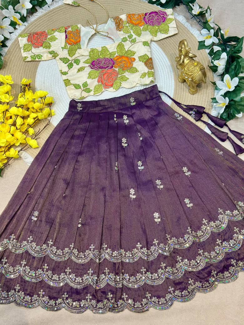 Purple Pure Viscose Tissue Rainbow Work Embroidery Kid&