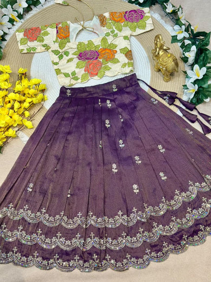 Purple Pure Viscose Tissue Rainbow Work Embroidery Kid&