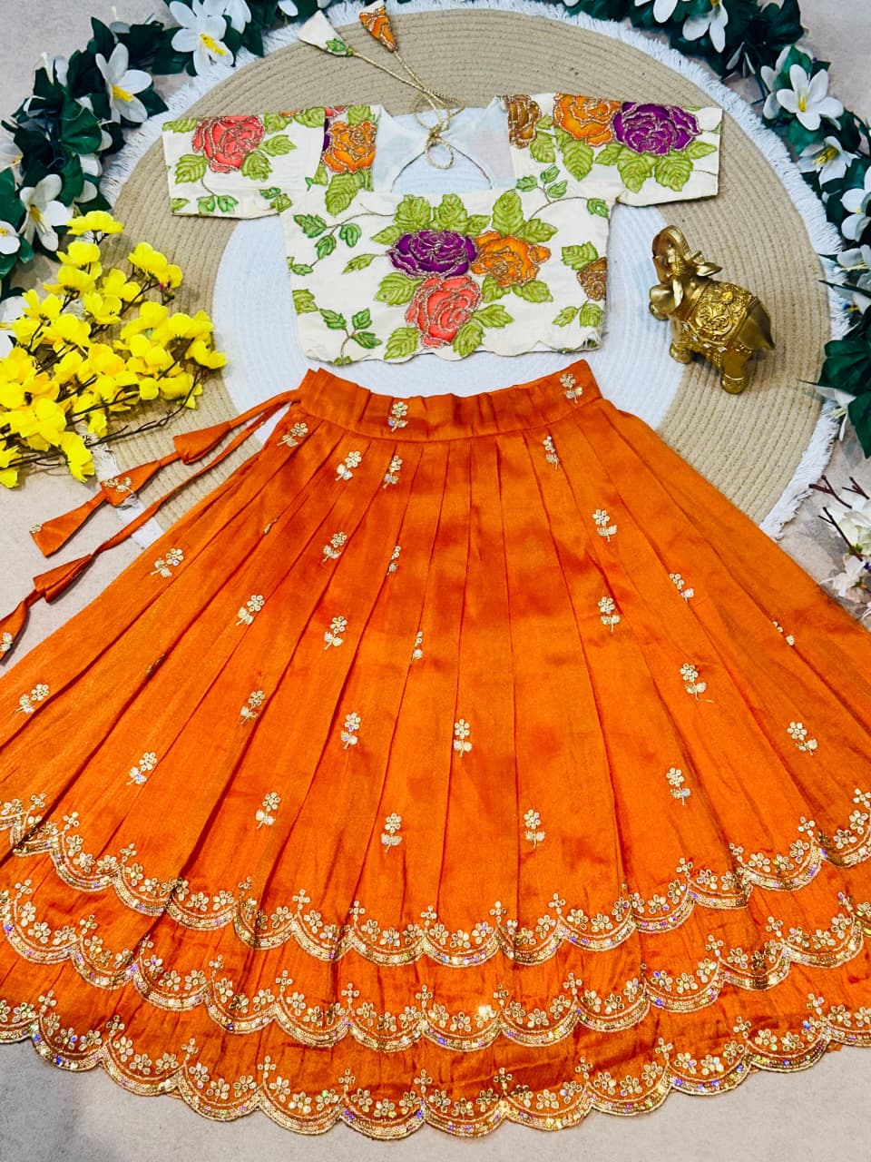 Orange Pure Viscose Tissue Rainbow Work Embroidery Kid&