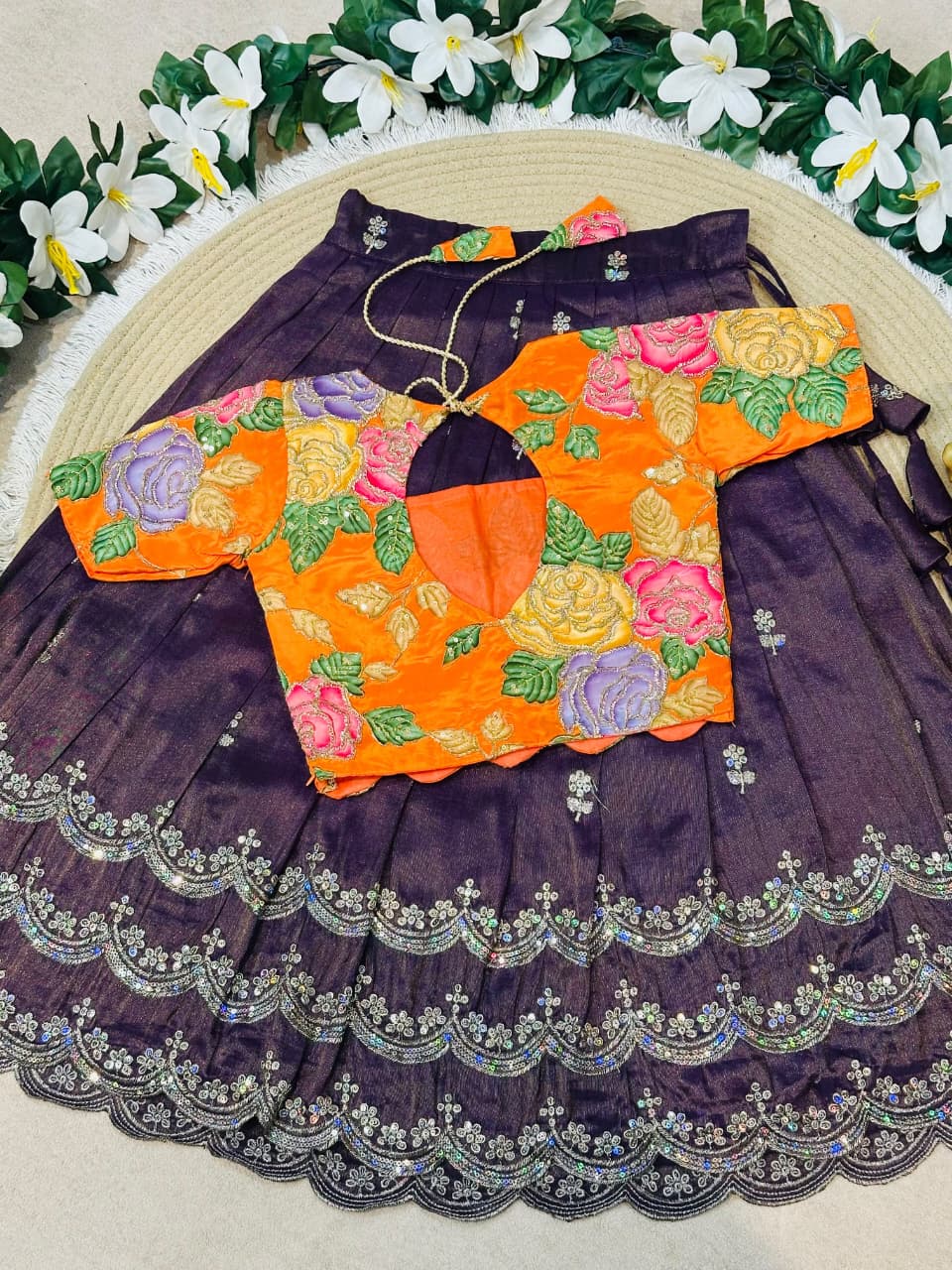 Purple Pure Viscose Tissue Rainbow Work Embroidery Kid&
