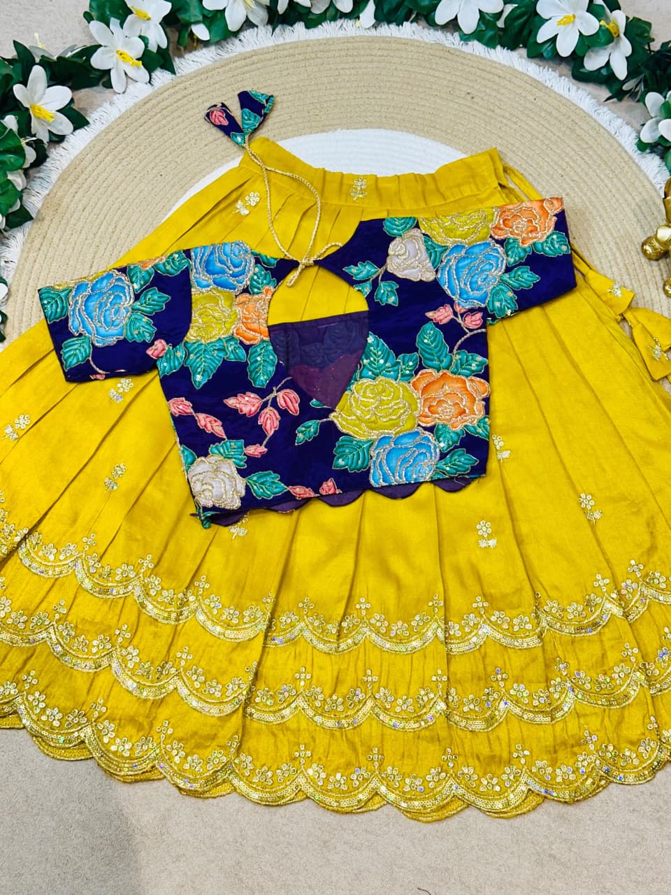 Yellow Pure Viscose Tissue Rainbow Work Embroidery Kid&