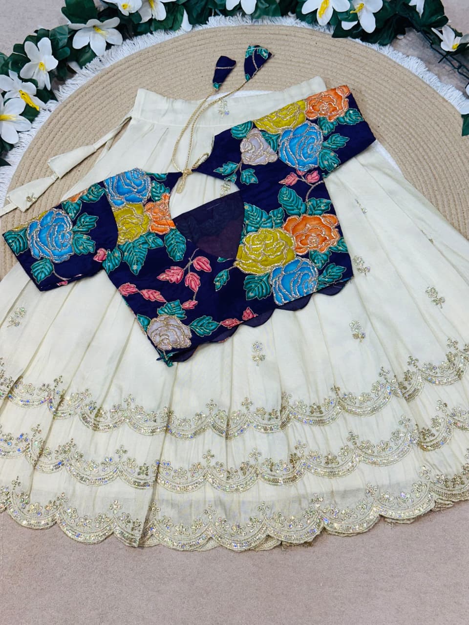 White Pure Viscose Tissue Rainbow Work Embroidery Kid&