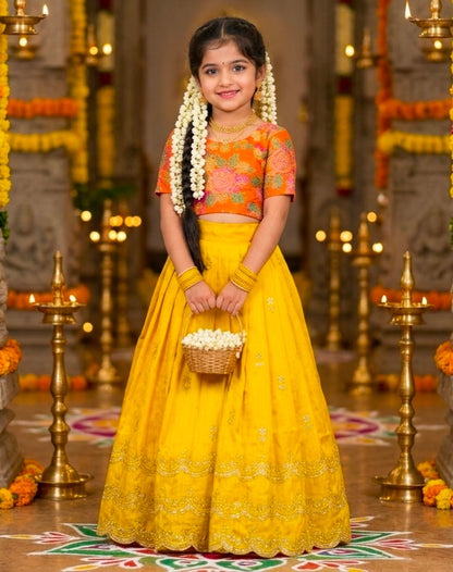 Yellow Pure Viscose Tissue Rainbow Work Embroidery Kid&