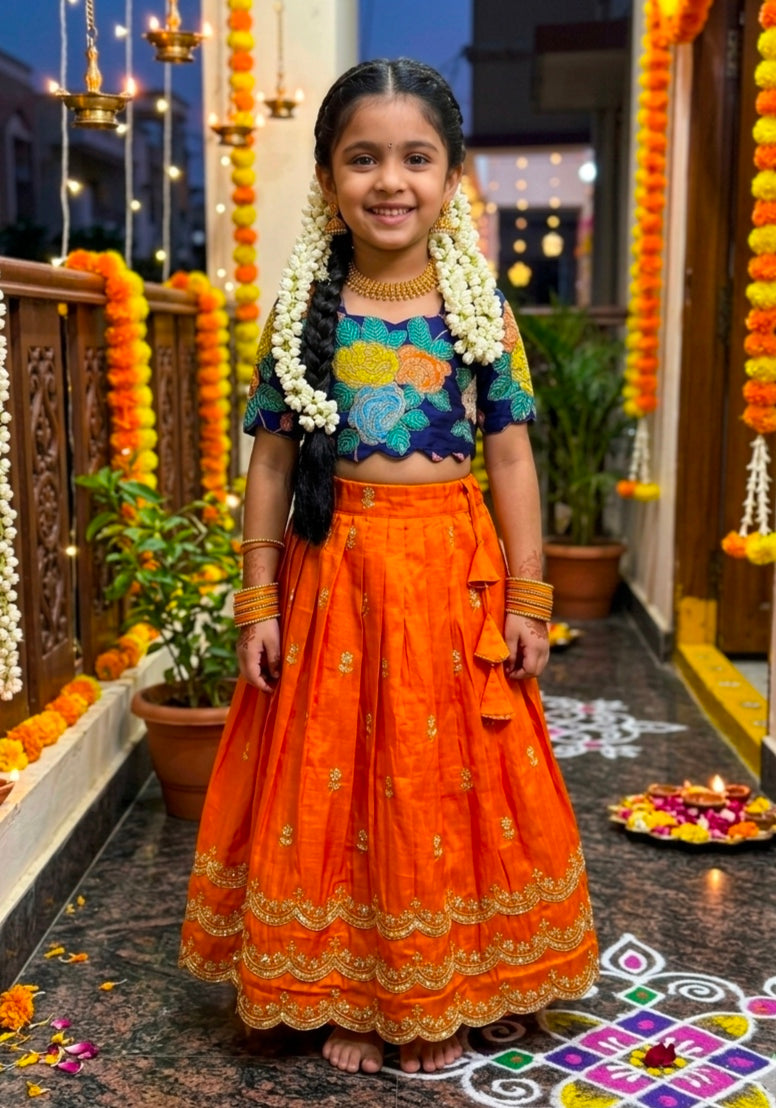 Orange Pure Viscose Tissue Rainbow Work Embroidery Kid&
