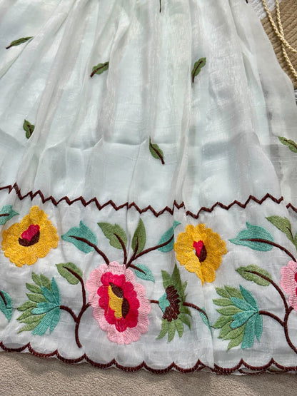 White Pure Premium Crunchy Silk Work Floral Embroidery Kid&