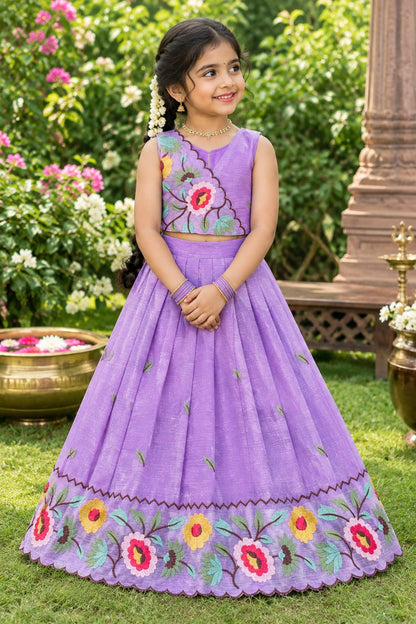 Purple Pure Premium Crunchy Silk Work Floral Embroidery Kid&
