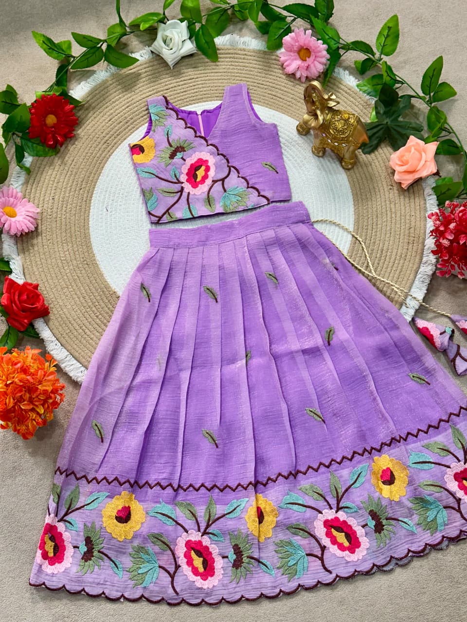 Purple Pure Premium Crunchy Silk Work Floral Embroidery Kid&