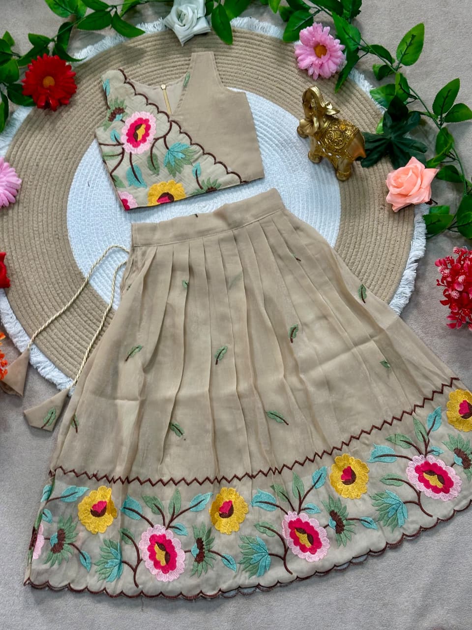 Beige Pure Premium Crunchy Silk Work Floral Embroidery Kid&