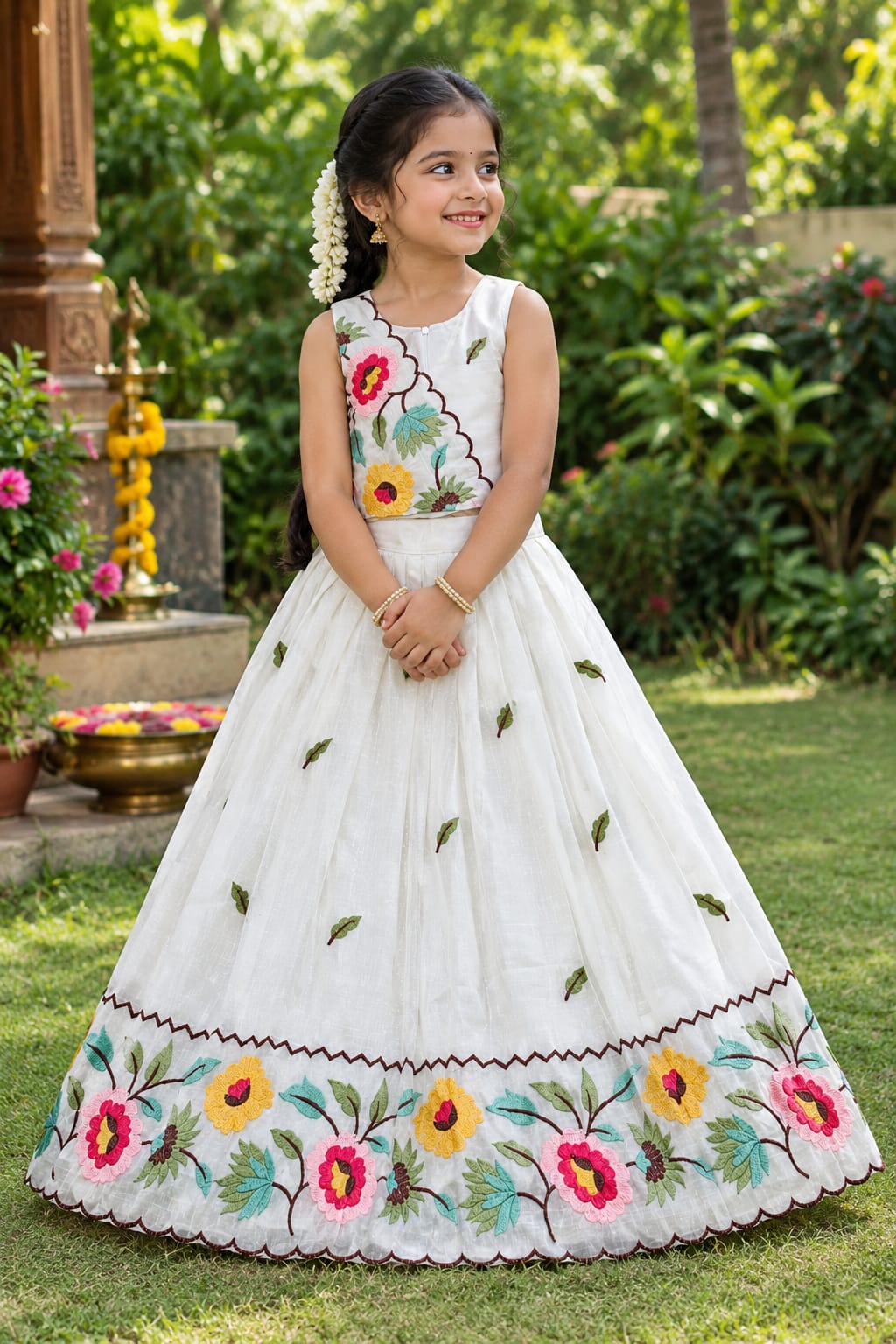 White Pure Premium Crunchy Silk Work Floral Embroidery Kid&