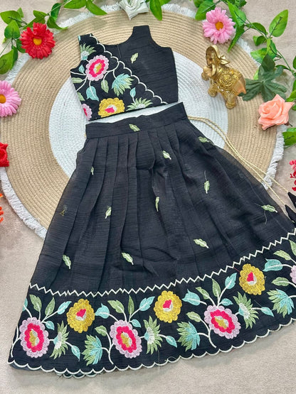 Black Pure Premium Crunchy Silk Work Floral Embroidery Kid&