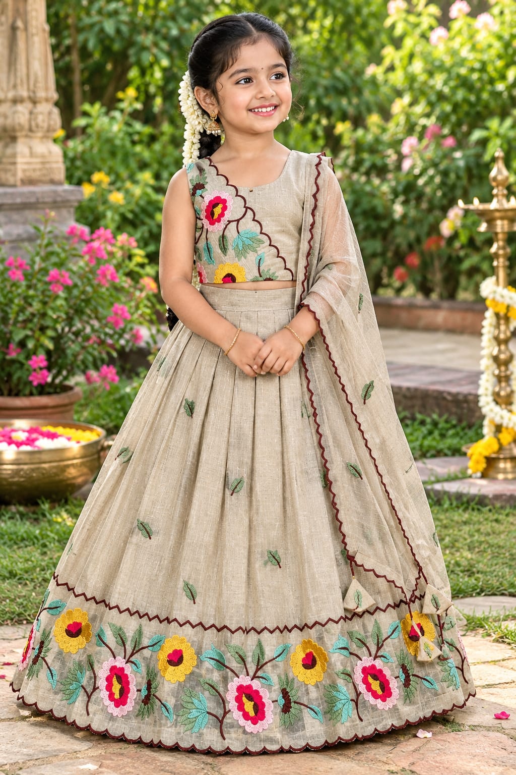 Beige Pure Premium Crunchy Silk Work Floral Embroidery Kid&
