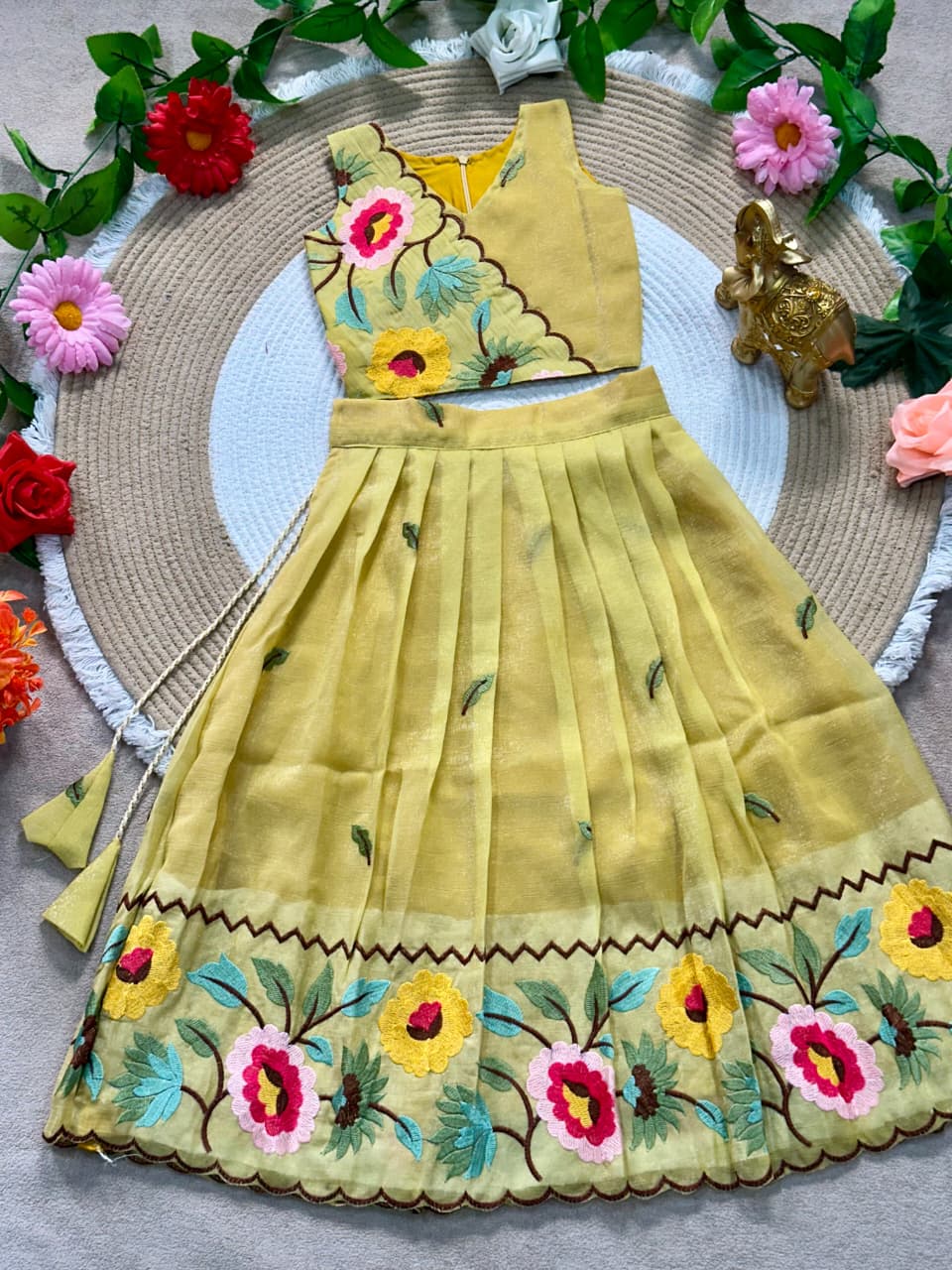 Mustard Pure Premium Crunchy Silk Work Floral Embroidery Kid&