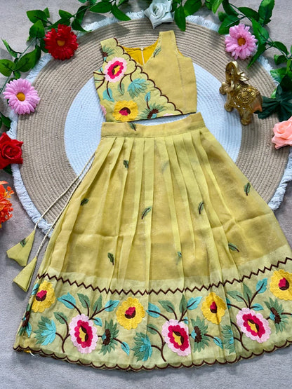 Mustard Pure Premium Crunchy Silk Work Floral Embroidery Kid&
