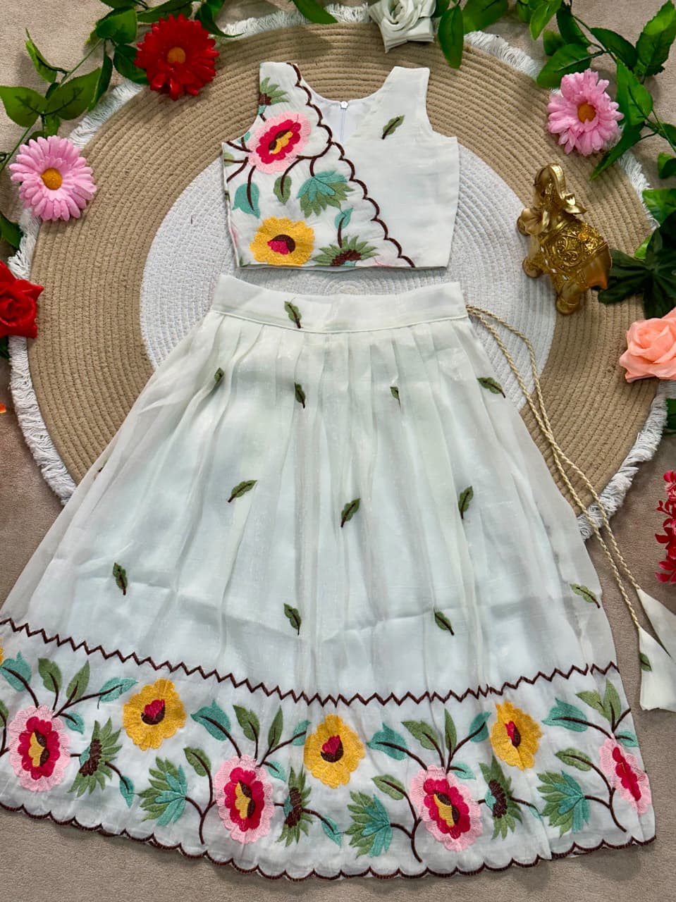 White Pure Premium Crunchy Silk Work Floral Embroidery Kid&