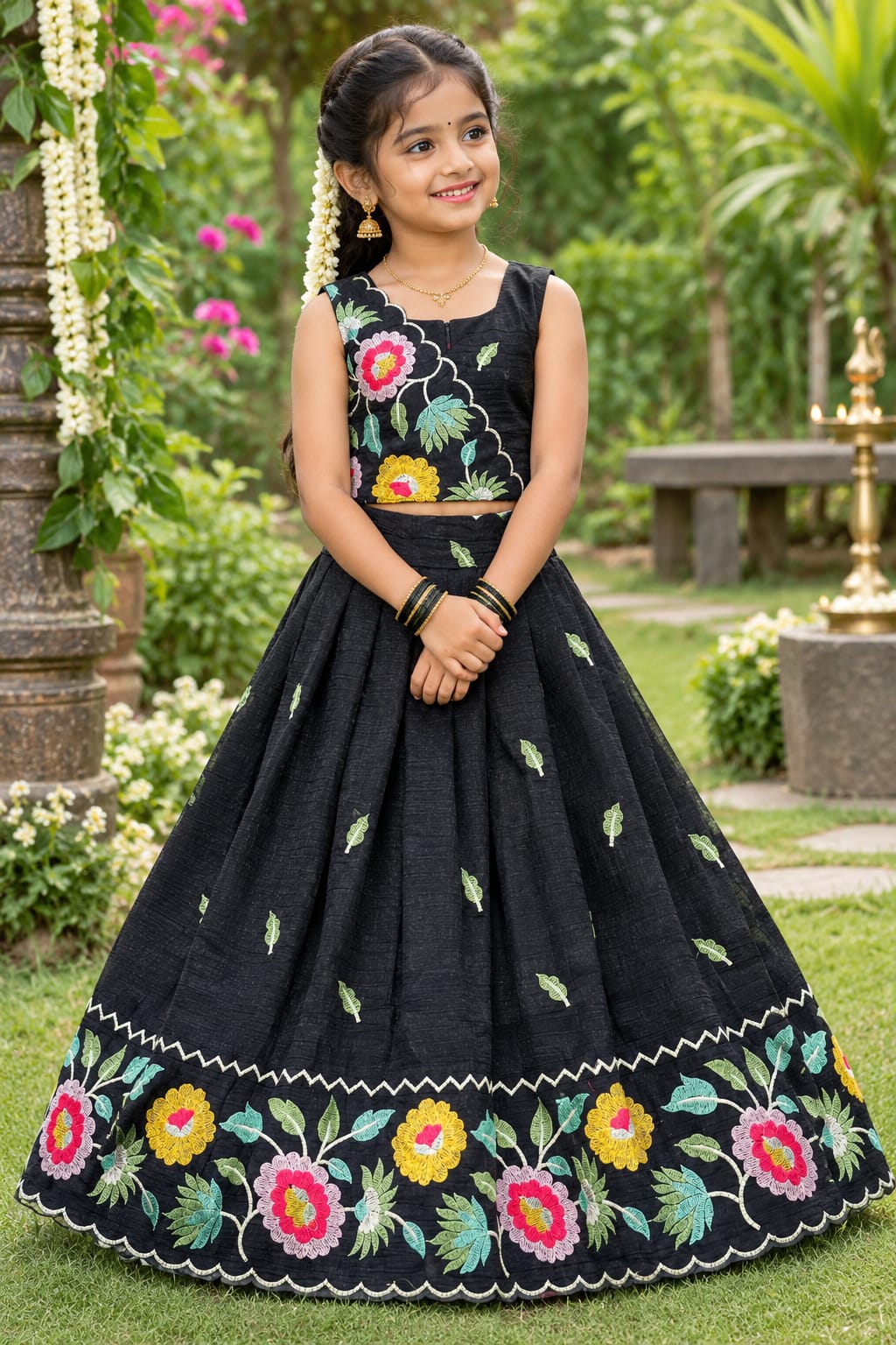 Black Pure Premium Crunchy Silk Work Floral Embroidery Kid&